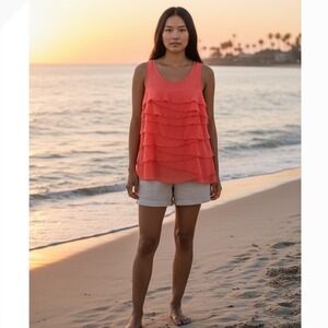 Nicole by Nicole Miller Ruffle Tiered Tank Top Women Medium Coral Org Zip Back